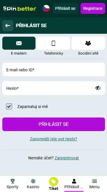 Přihlášení do Spinbetteru pomocí e-mailu v České republice