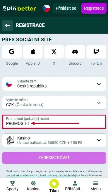 Spinbetter Promo kód pro Českou republiku