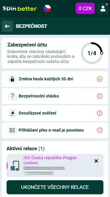 Ochrana účtu Spinbetter Česká republika