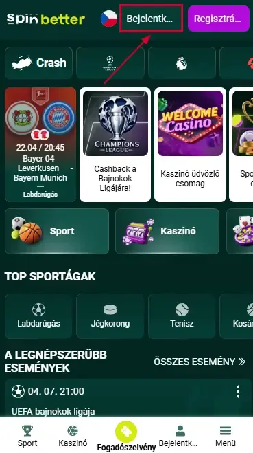 Tlačítko přihlášení Spinbetter Česká republika