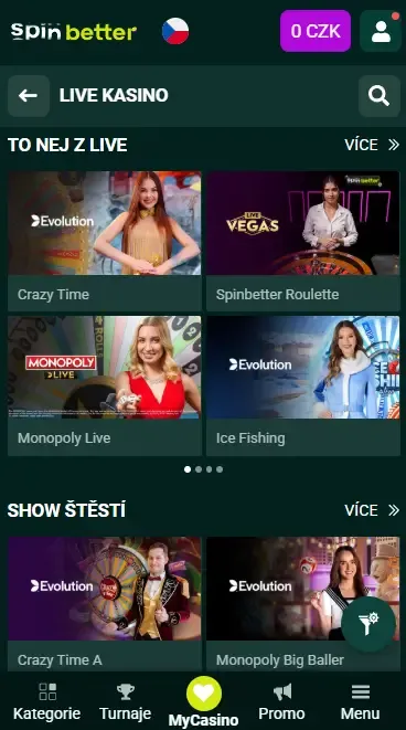 Spinbetter Česká republika: Live kasino