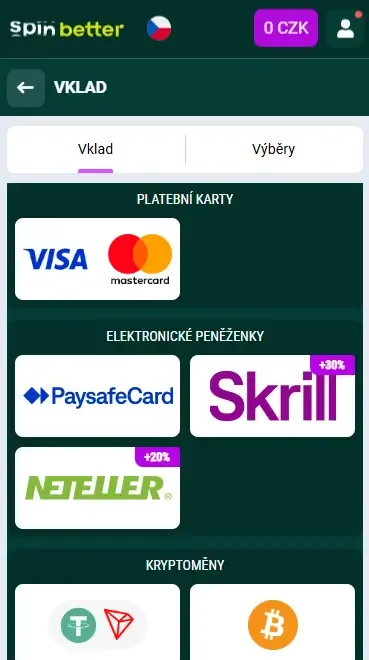 Možnosti vkladu Spinbetter