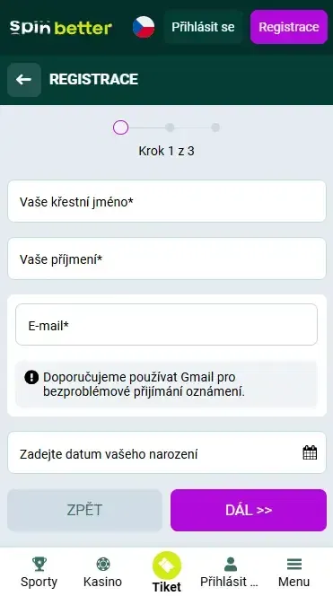 Registrace Spinbetter přes e-mail