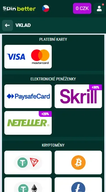Spinbetter Česká republika: Možnosti vkladu