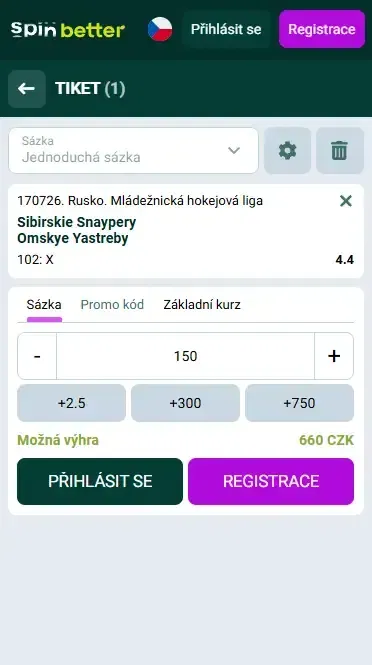 Sázkový tiket Spinbetter Česká republika pro hokej