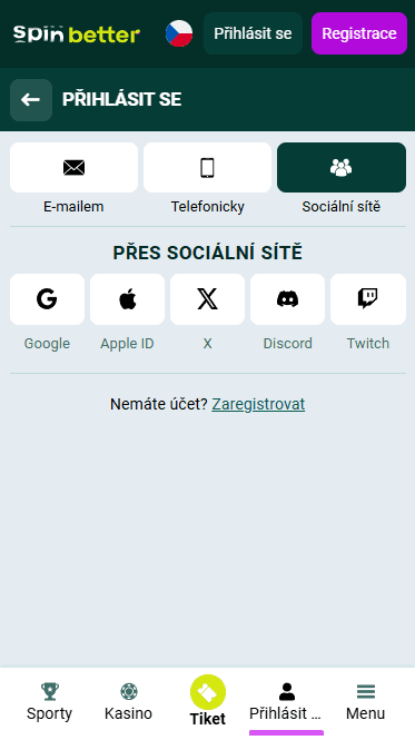 Přihlášení Spinbetter přes sociální sítě