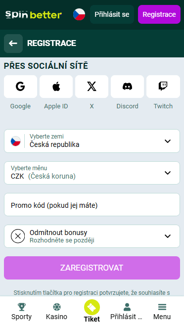 Registrace Spinbetter přes sociální sítě