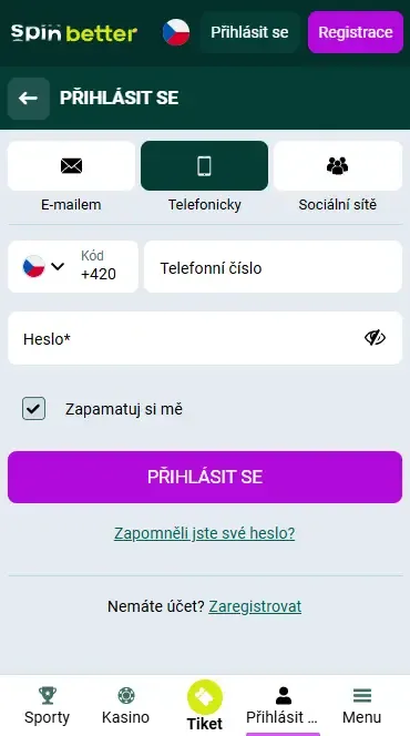 Přihlášení do Spinbetter v České republice pomocí telefonního čísla