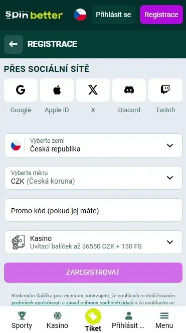 Registrace Spinbetter na jedno kliknutí v České republice