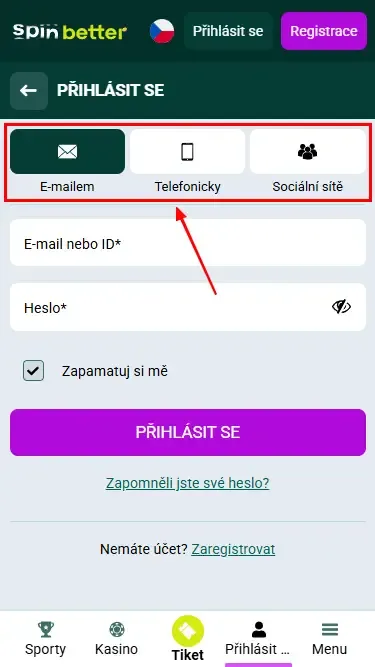 Spinbetter CZ: Způsoby přihlášení