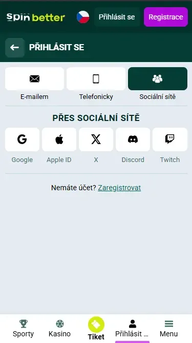 Spinbetter Česká republika: Přihlášení přes sociální sítě