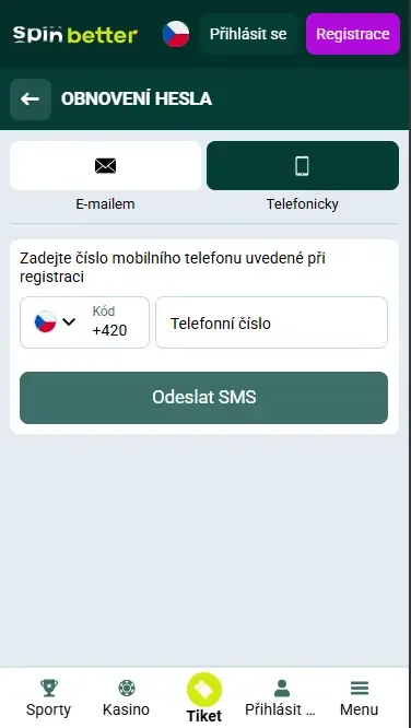 Obnovení hesla podle telefonního čísla ve Spinbetter CZ