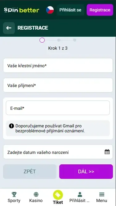 Spinbetter Czech Republic: Registrace přes e-mail
