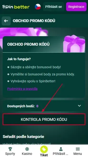 Spinbetter Czech Republic: Kontrola promo kódu