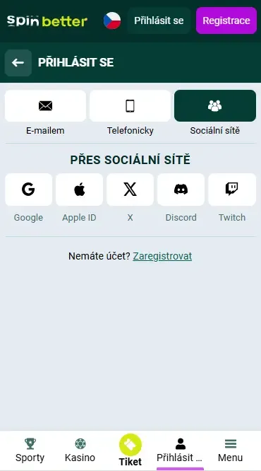 Přihlášení do Spinbetter přes sociální sítě v České republice