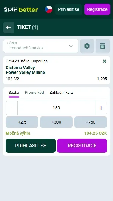Sázkový tiket na volejbal Spinbetter Česká republika
