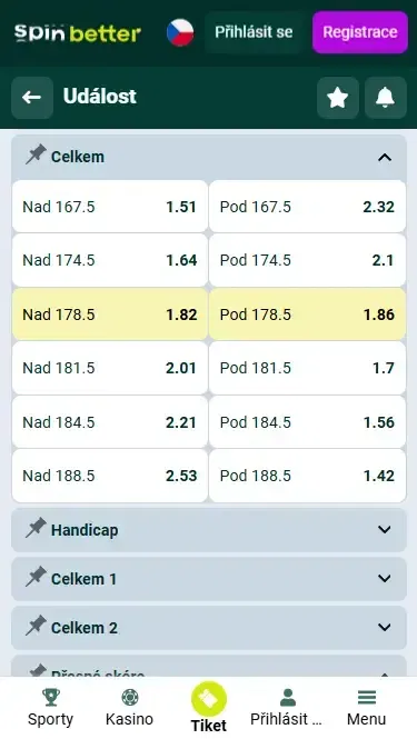 Spinbetter Česká republika Celkové body a handicap
