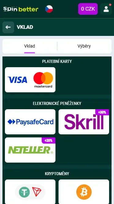 Možnosti vkladů Spinbetter Česká republika