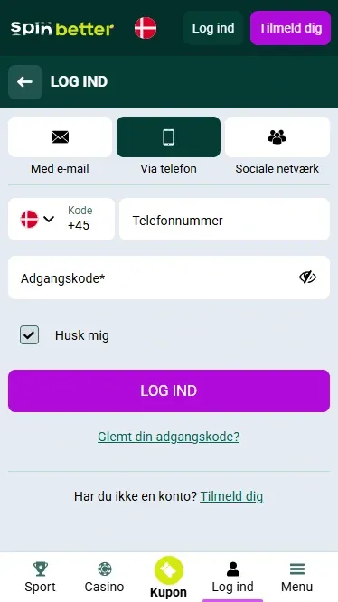 Spinbetter Danmark-login via telefonnummer