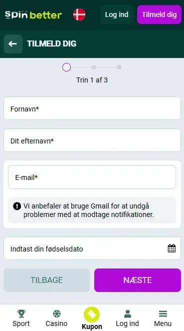 Spinbetter Danmark-registrering via e-mail