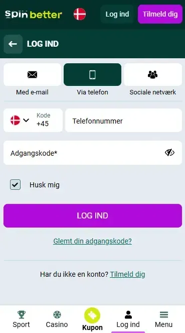 Spinbetter Danmark login via telefonnummer