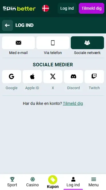 Spinbetter Danmark login via sociale netværk