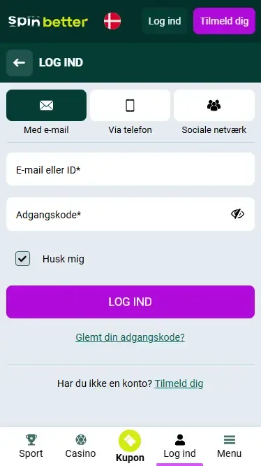 Log ind på Spinbetter Danmark via e-mail