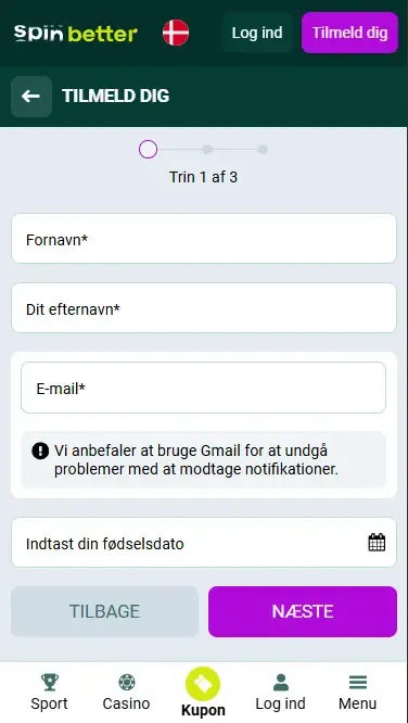 Oprettelse af en Spinbetter-konto via e-mail i Danmark