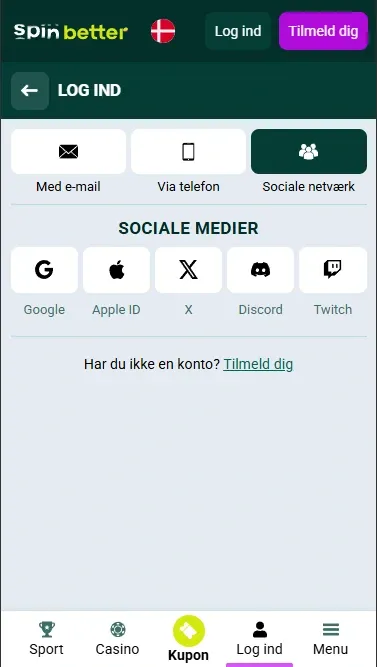 Spinbetter Danmark: Log ind via sociale netværk