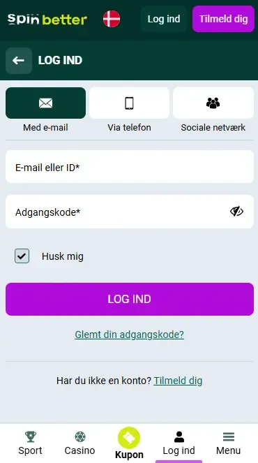 Spinbetter Danmark: Login med e-mail