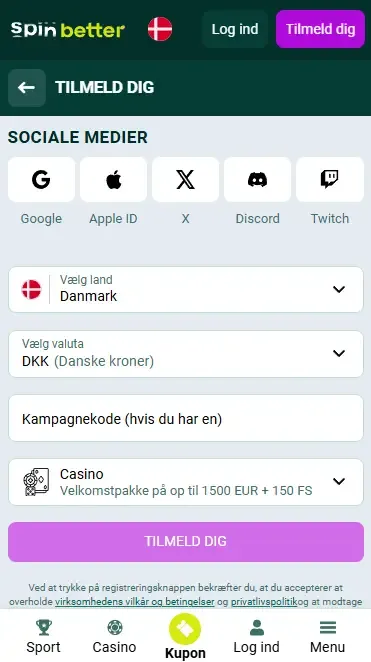 Spinbetter-registrering via sociale netværk
