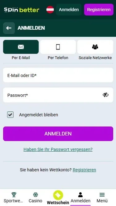Spinbetter Login per E-Mail in Österreich