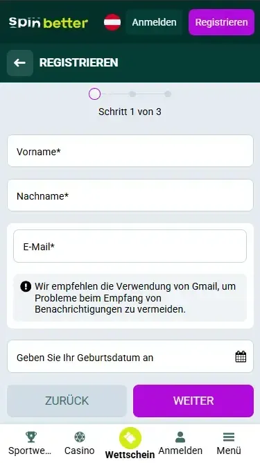 Spinbetter Registrierung per E-Mail in Österreich