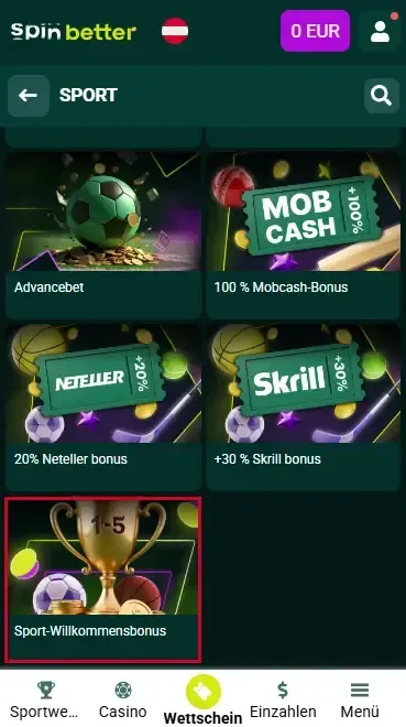 Spinbetter AT: Willkommensbonus für Sportwetten