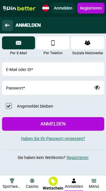 Spinbetter-Anmeldung per E-Mail in Österreich