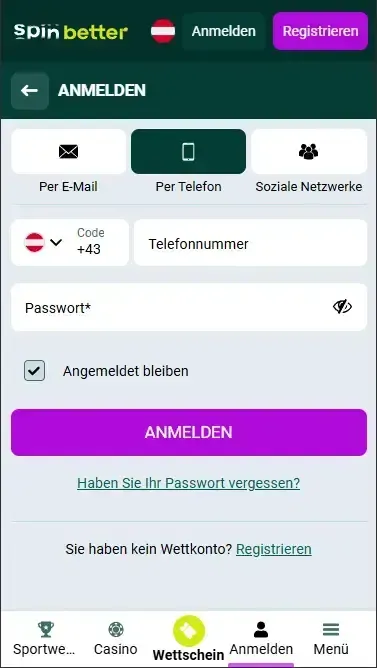 Spinbetter Österreich Login über Telefonnummer
