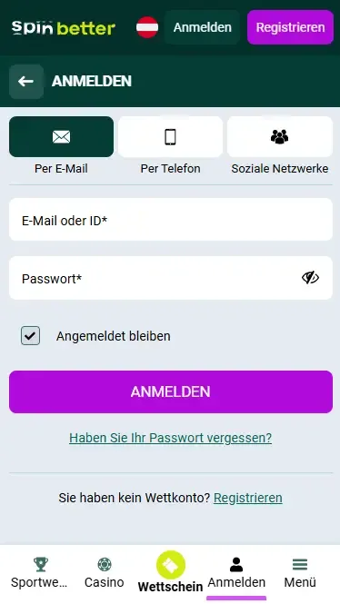Spinbetter Österreich Login per E-Mail