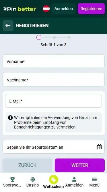 Spinbetter Österreich Registrierung per E-Mail