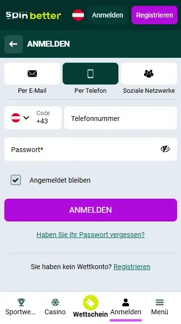 Spinbetter Österreich Login per Telefonnummer