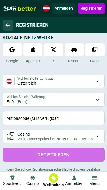 Spinbetter Österreich Registrierung über soziale Netzwerke