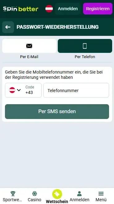 Passwortwiederherstellung per Telefonnummer bei Spinbetter AT