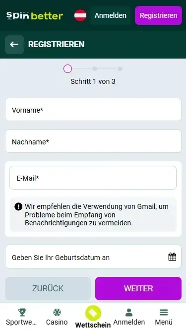 Spinbetter Österreich: Registrierung per E-Mail