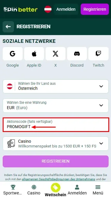 Gutscheincode für Spinbetter Österreich