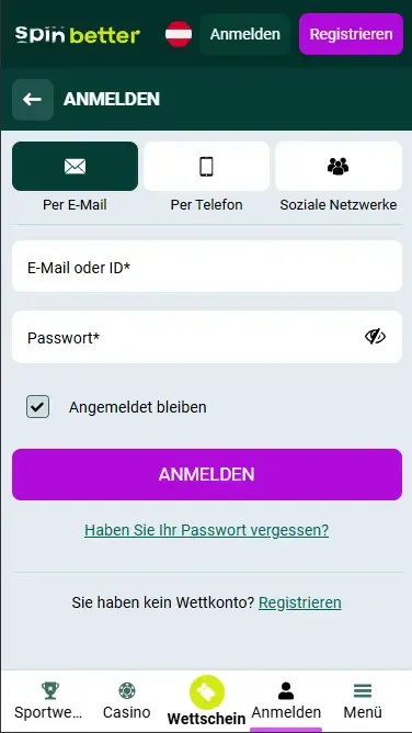 Spinbetter Österreich Login per E-Mail