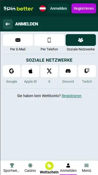 Spinbetter Österreich Login über soziale Netzwerke