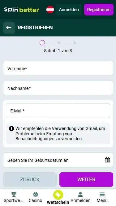 Spinbetter Österreich Registrierung per E-Mail