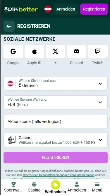 Spinbetter Registrierung über soziale Netzwerke