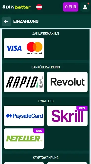 Spinbetter Österreich Einzahlungsoptionen