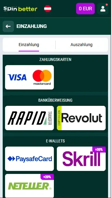 Spinbetter Einzahlungsoptionen in Österreich