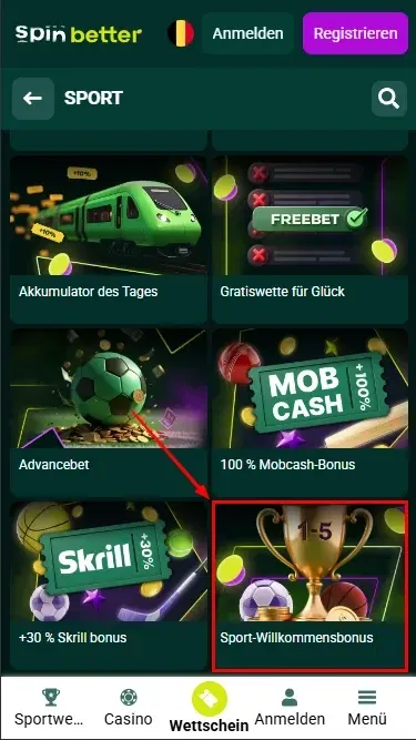Spinbetter BE: Willkommensbonus für Sportwetten